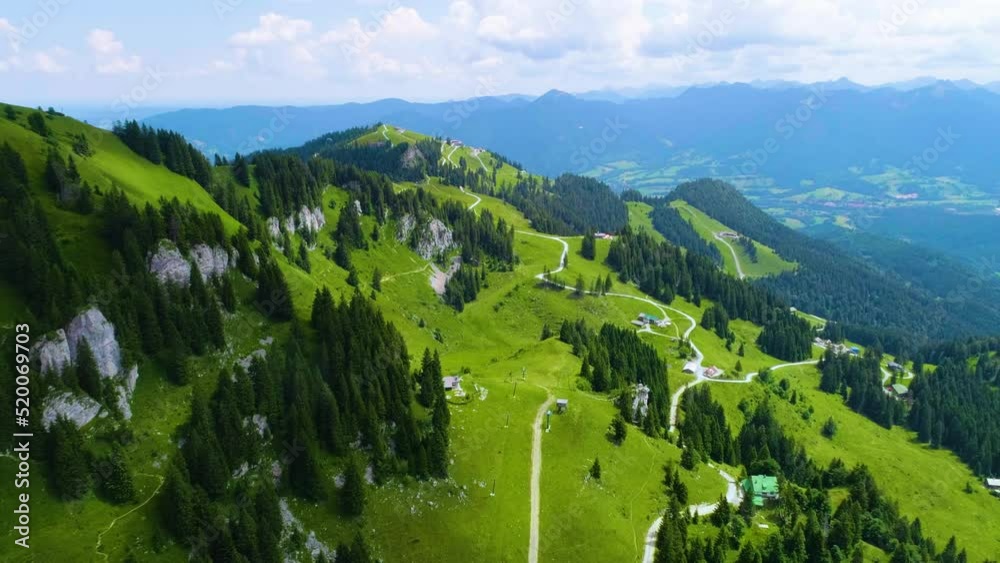 Aerial view of the mountains and landscape around the Brauneck in Bavaria, Germany.