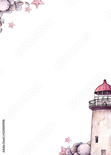 Postcard template with lighthouse and sea elementsisolated on white background. Watercolor hand painted illustration photo