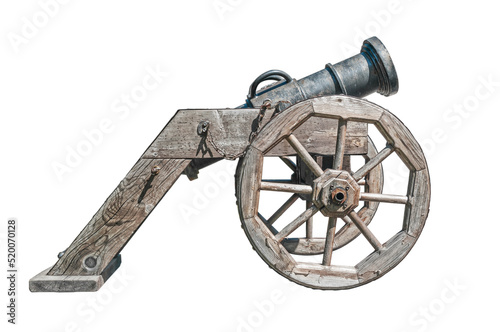 Antique cannon on wooden wheels isolated on white background
