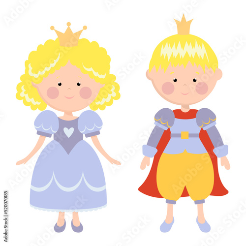 Vector illustration of princess and prince in blue color. Princess. Prince. Children. Characters.