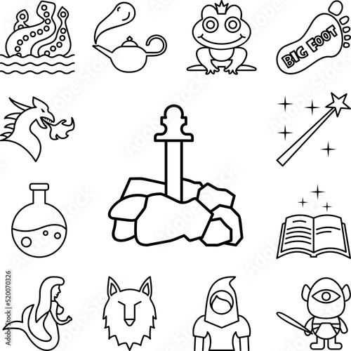 Excalibur, fairy tale icon in a collection with other items