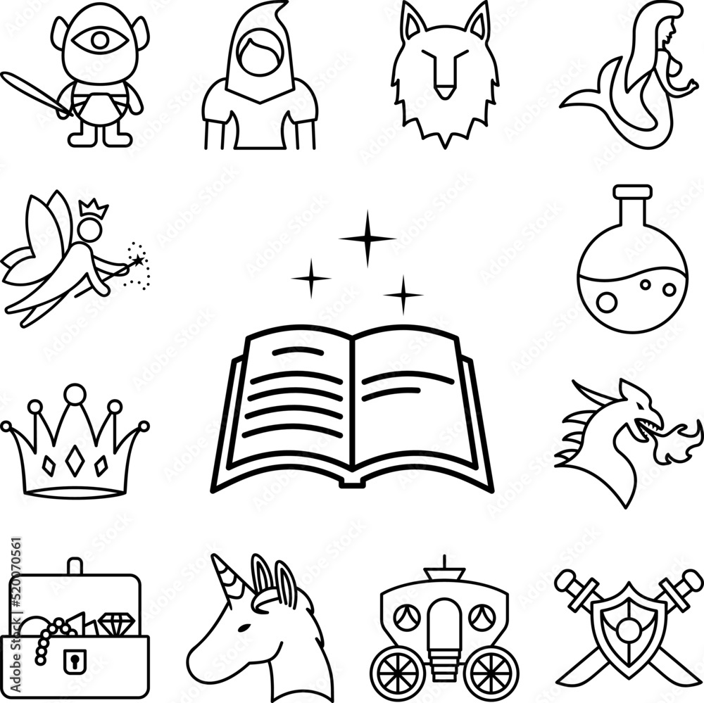 Fototapeta premium Spell book, fairy tale icon in a collection with other items