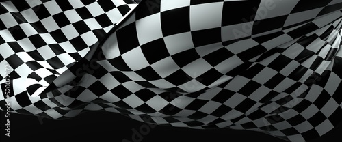 Checkered flag flying on blue background. Car race or motorsport rally flag. 3D wavy pattern background
