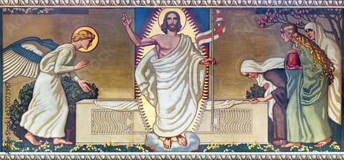 ZURICH, SWITZERLAND - JULY 1, 2022: The fresco of Resurrection of Jesus in the church Pfarrkirche Liebfrauen by Fritz Kunz (1906). photo