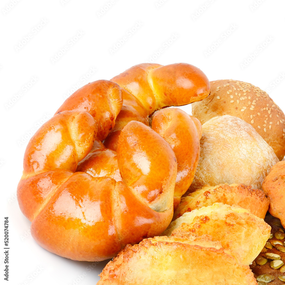 Croissants, buns and other sweet pastries isolated on white background. Croissants, buns and other sweet pastries isolated on white background.