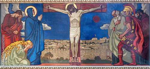 ZURICH, SWITZERLAND - JULY 1, 2022: The fresco of Crucifixion in the church P...