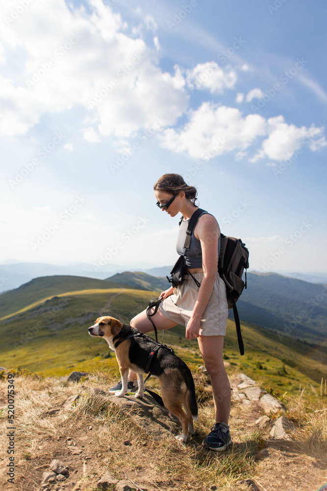 young woman with a dog in the mountains on a hike