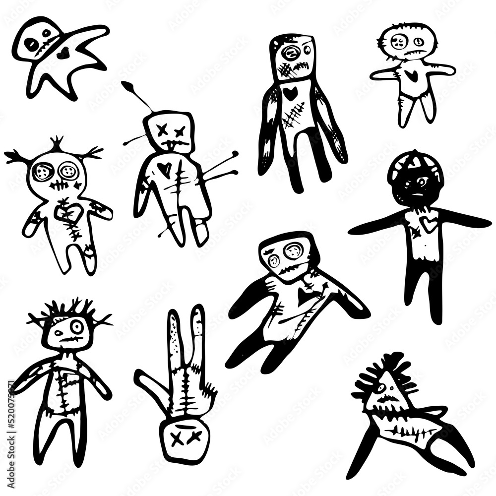Line Drawing Freehand Voodoo Dolls Patchwork Handmade Style. Witch Set Design For Halloween. Ritual Doll With Needles Cartoon Style. Illustration For Children's Book Logo Frightening Black Line Line Drawing Freehand Voodoo Dolls Patchwork Handmade Style. Witch Set Design For Halloween. Ritual Doll With Needles Cartoon Style. Illustration For Children's Book Logo Frightening Black Line