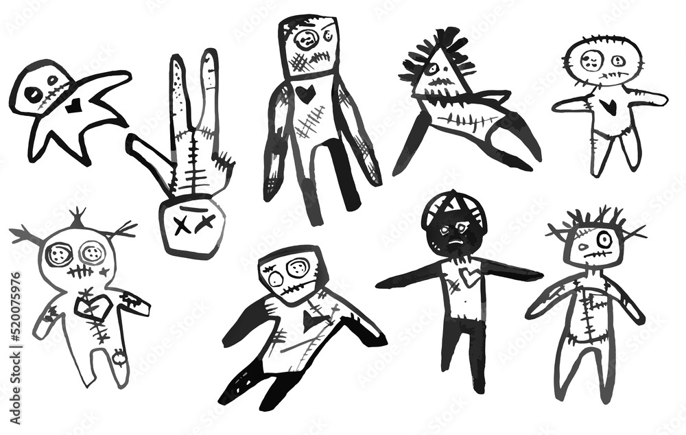 Line Drawing Freehand Voodoo Dolls Patchwork Handmade Style. Witch Set Design For Halloween. Ritual Doll With Needles Cartoon Style. Illustration For Children's Book Logo Frightening Black Line Line Drawing Freehand Voodoo Dolls Patchwork Handmade Style. Witch Set Design For Halloween. Ritual Doll With Needles Cartoon Style. Illustration For Children's Book Logo Frightening Black Line
