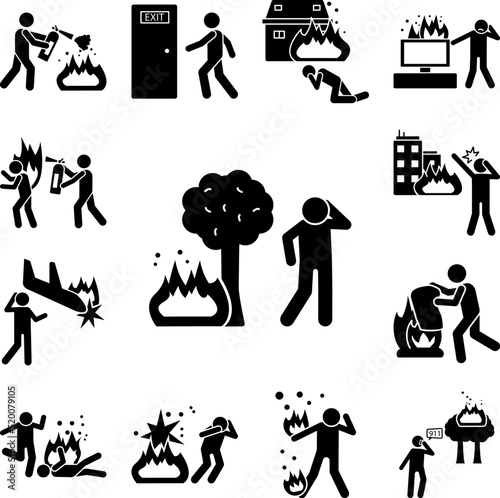 Tree, fire, man icon in a collection with other items