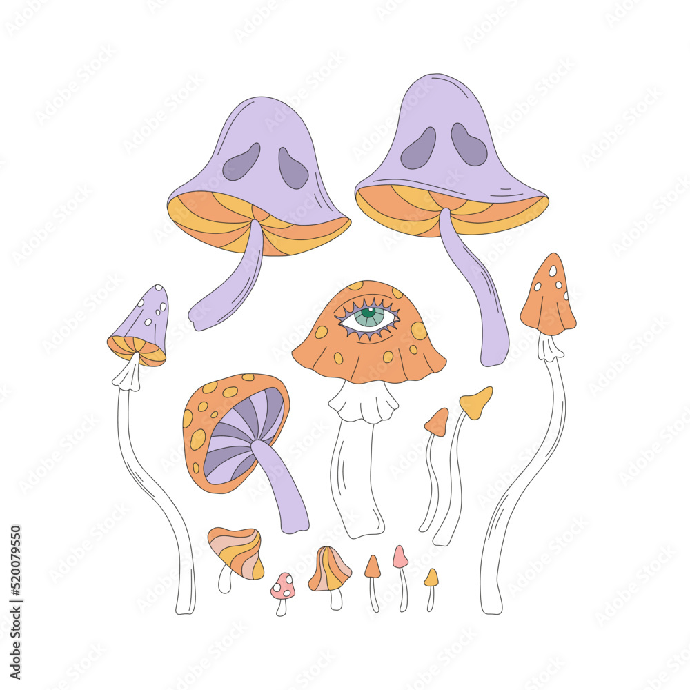 Trippy Mushrooms Fly agaric Toadstool vector illustration set isolated on white. Hippie Halloween Retro 60s 70s Boho Groovy poisonous mushroom print collection. Trippy Mushrooms Fly agaric Toadstool vector illustration set isolated on white. Hippie Halloween Retro 60s 70s Boho Groovy poisonous mushroom print collection.