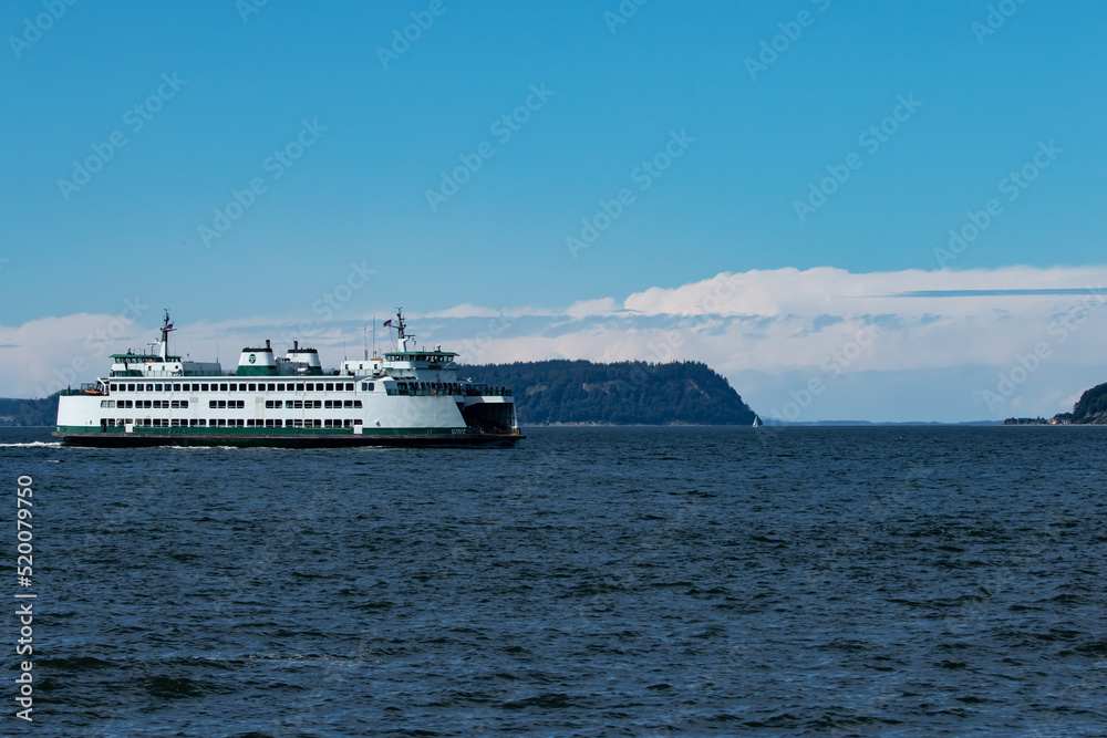 Washington State Ferry Boat Crosses Puget Sound Past Everett 