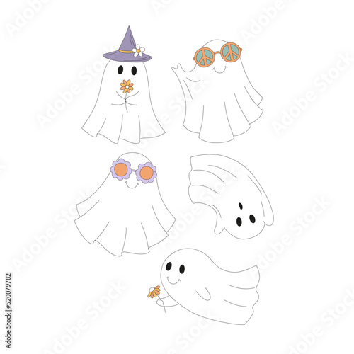 Retro 70s 60s Hippie Groovy Halloween Ghost vector illustration set isolated on white. Flower power peace sign shades witch hat spook print collection for T-shirt design.