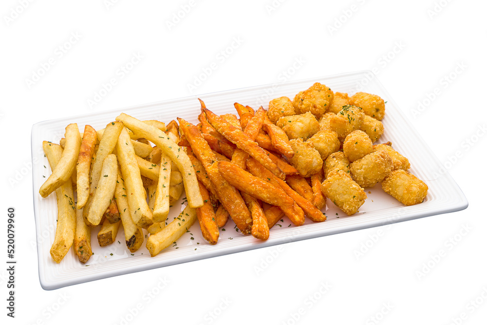 Trio potato fries platter served in dish isolated on plain white background side view