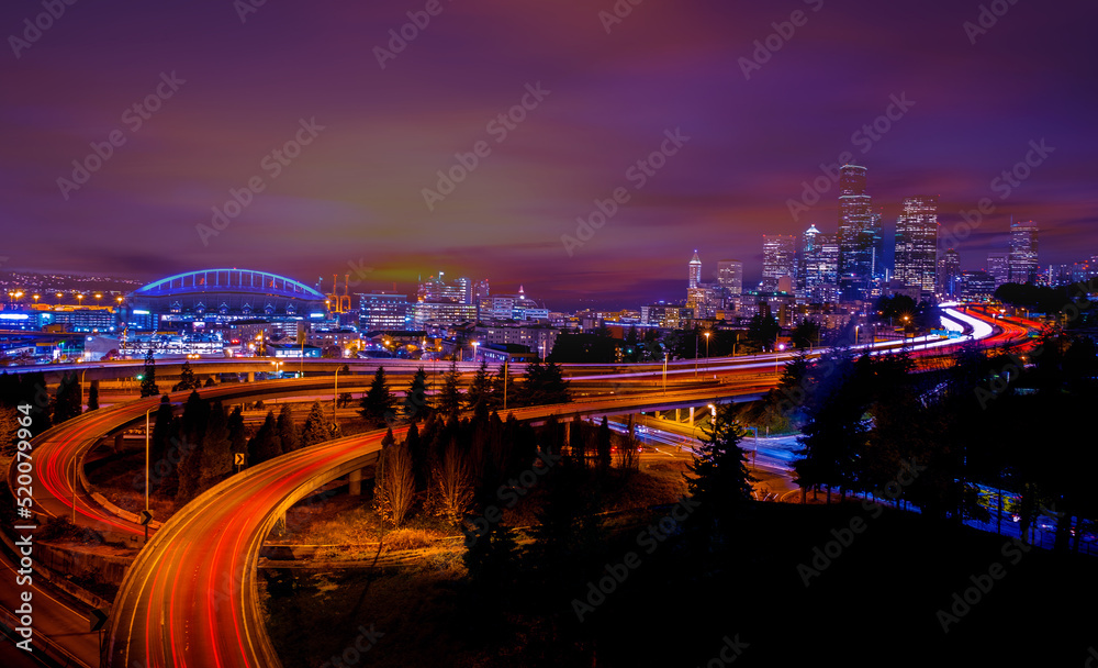 Seattle downtown skyline and skyscrapers  view from Dr. Jose Rizal or 12th Avenue South Bridge,  Seattle, Washington, United States