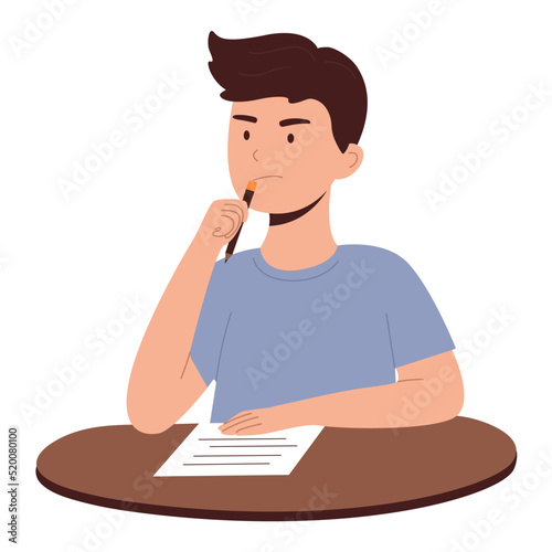 Confused boy with pencil and paper on the table. Thinking child while studying.