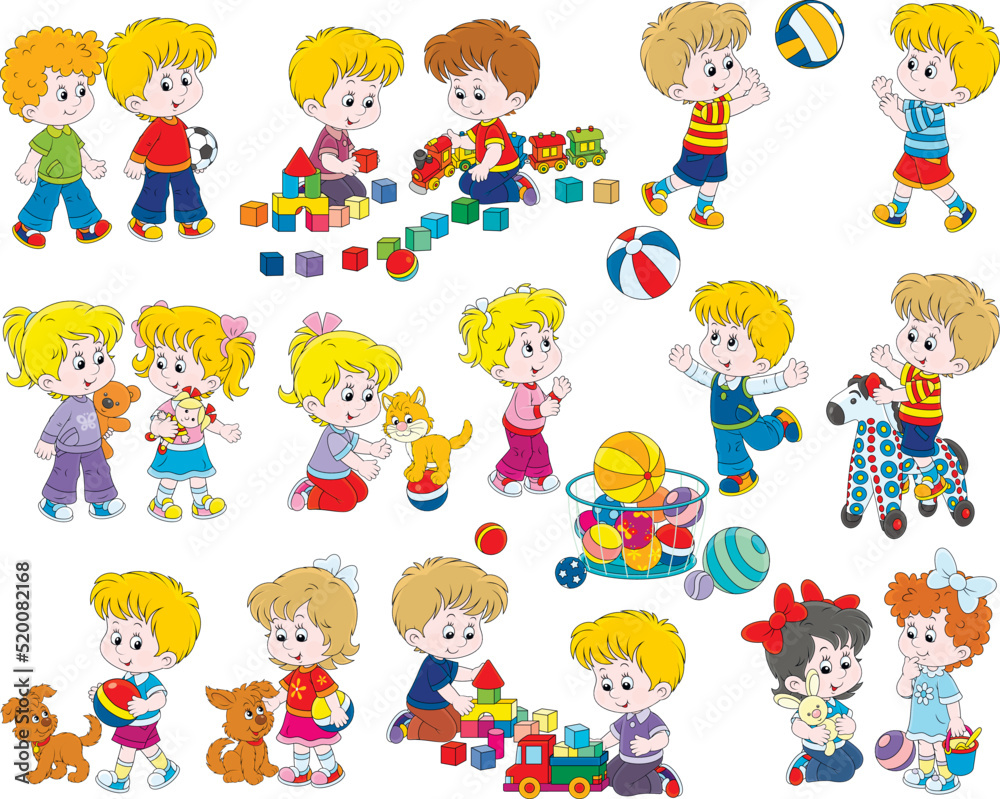 Vector cartoon set of happy little children playing with their funny toys and pets Vector cartoon set of happy little children playing with their funny toys and pets