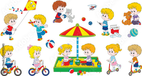 Vector cartoon set of happy little children playing with their toys on a summer playground in a park