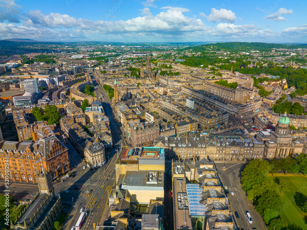 New Town aerial view on Princes Street at Queensferry Street and Shandwick Place with St Mary's Cathedral in Edinburgh, Scotland, UK. New Town Edinburgh is a UNESCO World Heritage Site since 1995. 