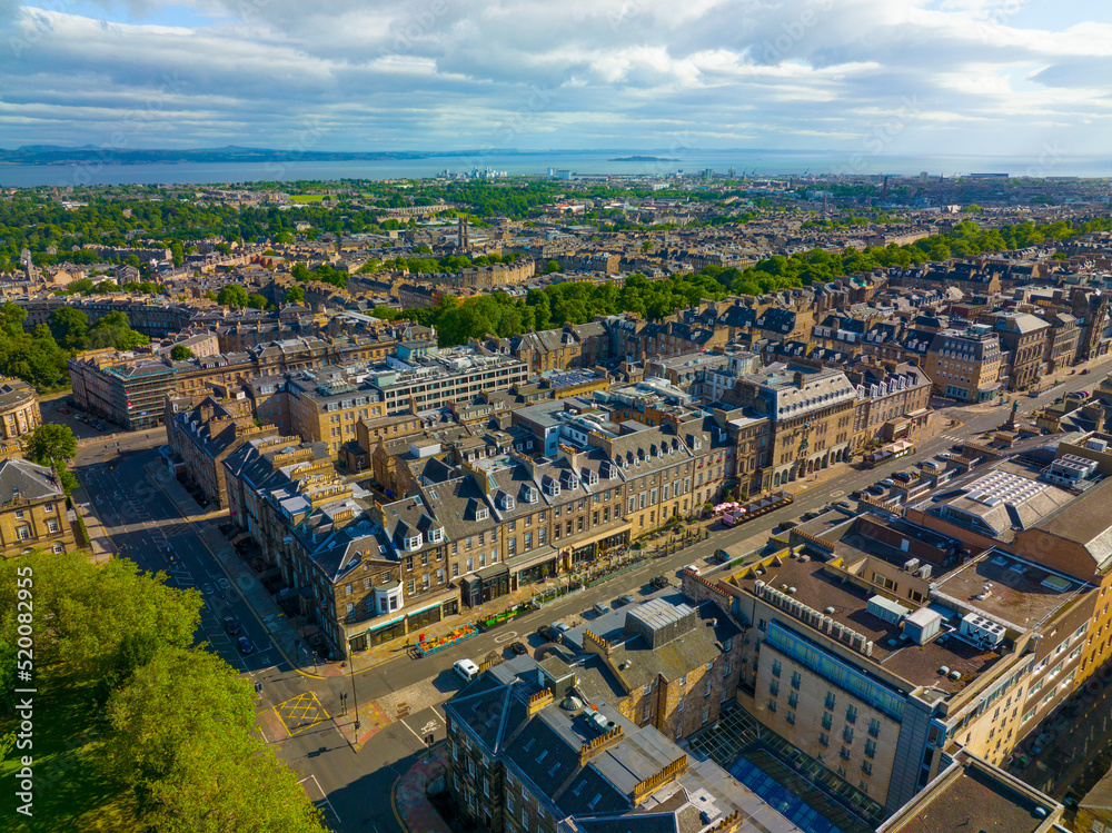 New Town aerial view on George Street at Charlotte Square in New Town in Edinburgh, Scotland, UK. New Town Edinburgh is a UNESCO World Heritage Site since 1995. 