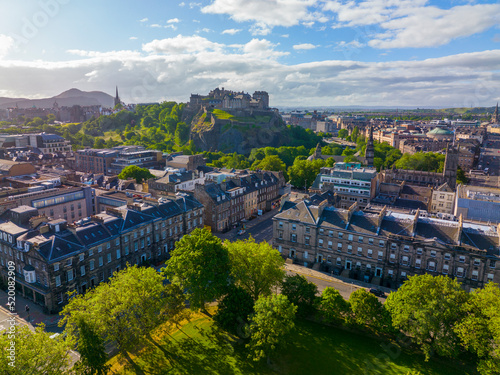 New Town aerial view on Charlotte Square with Edinburgh Castle in Edinburgh, Scotland, UK. New Town Edinburgh is a UNESCO World Heritage Site since 1995. 