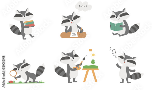 Set of cartoon raccoon. Studying, reading books, painting, singing, investigating biology.