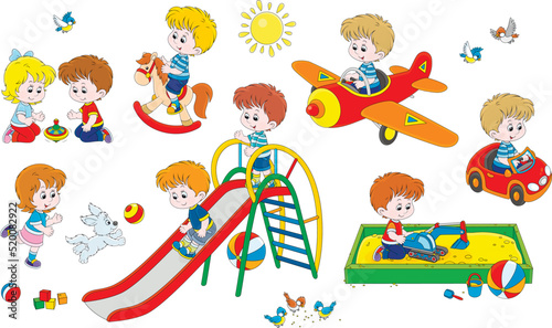 Vector cartoon set of happy little children playing on a summer playground in a park