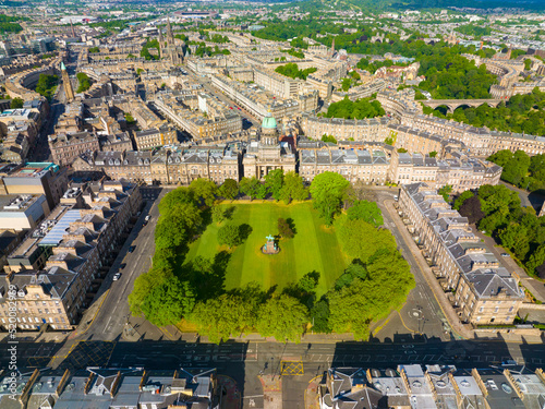 Charlotte Square aerial view including Prince Albert statue and West Register House in New Town in Edinburgh, Scotland, UK. New Town Edinburgh is a UNESCO World Heritage Site since 1995.  photo