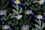Vector floral seamless pattern. Design with wild flowers and herbs on a black background.