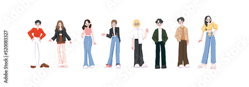 Group of young people flat cartoon characters on white background. Happy teenager in casual clothes. Korean teenager