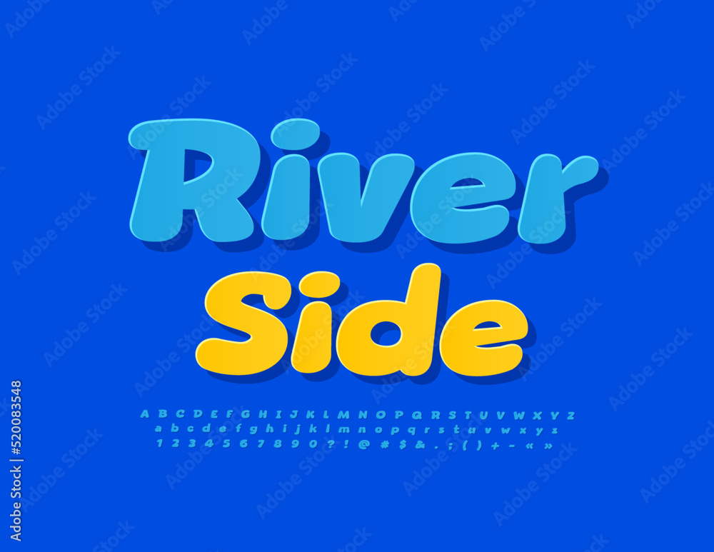 Vector bright template River Side with blue funny Font. Playful style Alphabet Letters, Numbers and Symbols set