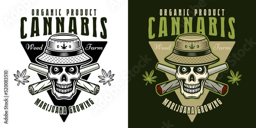 Marijuana growing farm vector emblem, badge, label or logo with skull in bucket hat and two crossed weed joints two styles black on white and colorful on dark background