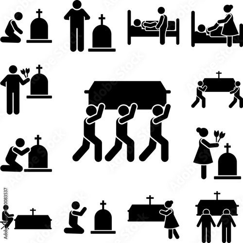 Mans funeral coffin burial carry icon in a collection with other items