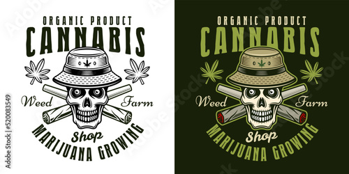 Skull in bucket hat and two crossed weed joints vector emblem, badge, label or logo in two styles black on white and colorful on dark background