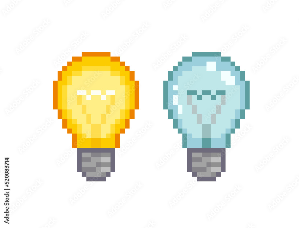 Vecteur Stock Pixel Art incandescent lamp isolated vector illustration.  Pixel Light bulb. Pixilated 8-bit light bulbs set switch on, switch off  icons | Adobe Stock