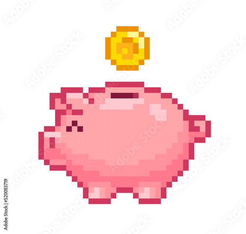 Pixel Piggy Bank with gold coin isolated on white vector. Pixel Art Piggy Bank icon. Saving money concept. Pixelated money box in 8-bit retro game 80s - 90s style