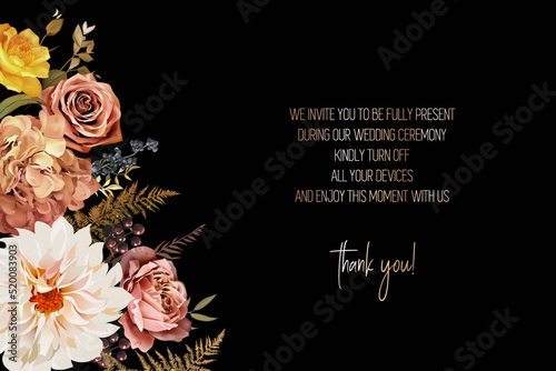 Elegant dark frame, arranged leaves and flowers. Burnt orange garden rose, white dahlia, caramel hydrangea