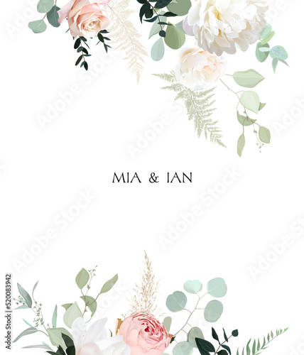 Classic white peony, blush pink rose and magnolia flowers, eucalyptus, dried pampas grass