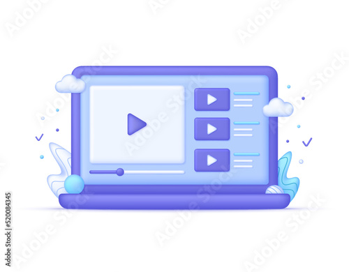 3D Computer and video player illustration. Video tutorials, online webinars trainings and work, e-learning set, business online learning, streaming, conference. Vector in 3d style.