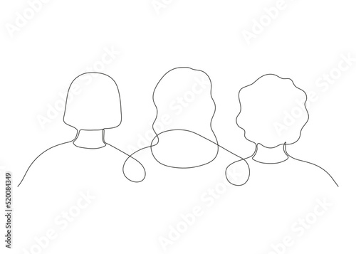 Community of women friend hug and support together, back view, continuous one art line drawing. Sisterhood, friends, union of feminists, solidarity. Three human heads, girls team. Vector outline