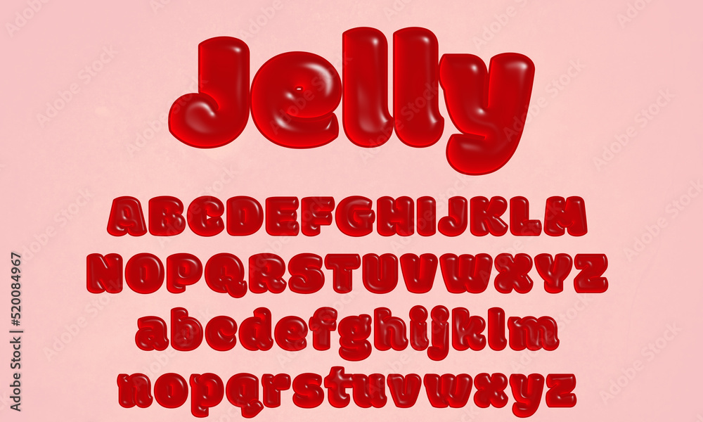 Red jelly alphabet letter set with glossy surface, textured 3D display