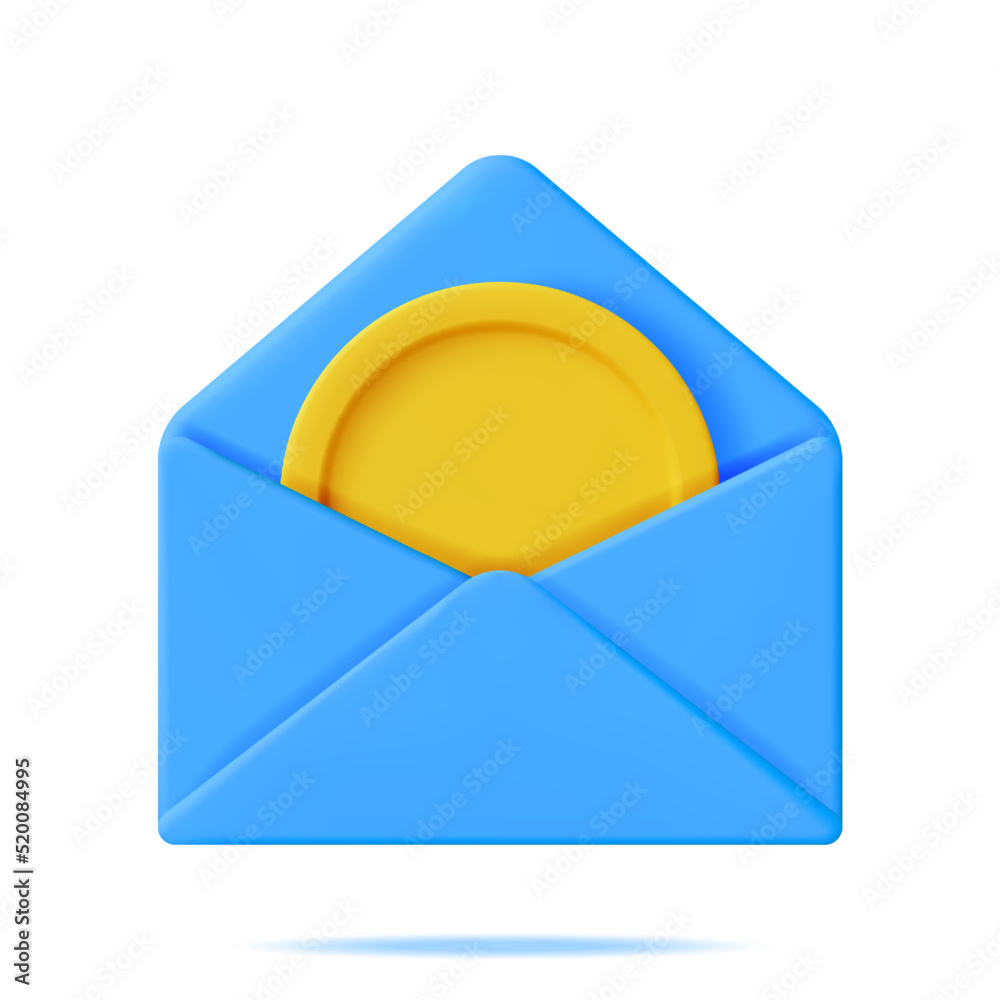 3D Opened Envelope with Gold Coin Inside Isolated. Render Blue Paper