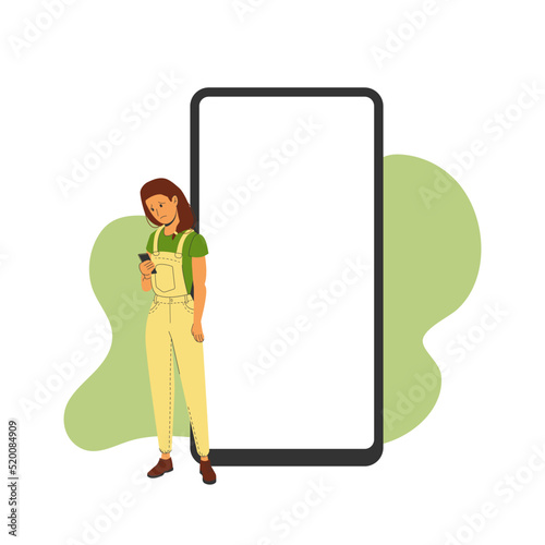 Phone template with correspondence next to a sad woman. Vector illustration