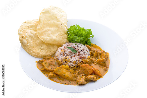 Nanyang Curry rice Lion Man served in a dish isolated on plain white background side view