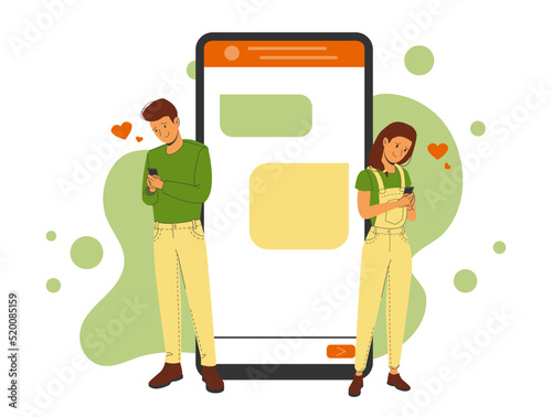 Romantic correspondence of a man and woman in love. Phone template with correspondence next to lovers