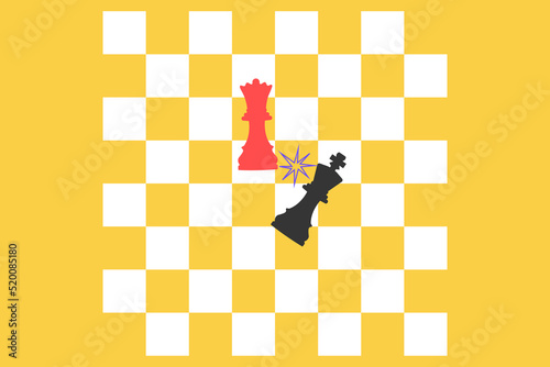 red queen knocking down black king on chess board game. concept of business strategy and win competition