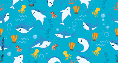 Fototapeta Naklejka Na Ścianę i Meble -  cute sharks pattern. cartoon shark, seaweed print. Sea wildlife, underwater world vector seamless texture