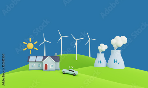 3d rendering solar panels on the roof, windmills, Hydrogen plant,s and electric vehicle. Net zero concept.