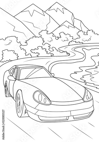 A sports car drives along the road against the backdrop of nature and the sea. Funny coloring book for boys. Vector illustration