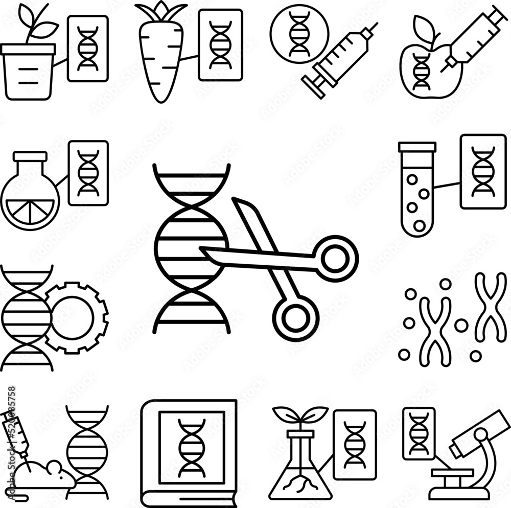 DNA, scissors icon in a collection with other items DNA, scissors icon in a collection with other items